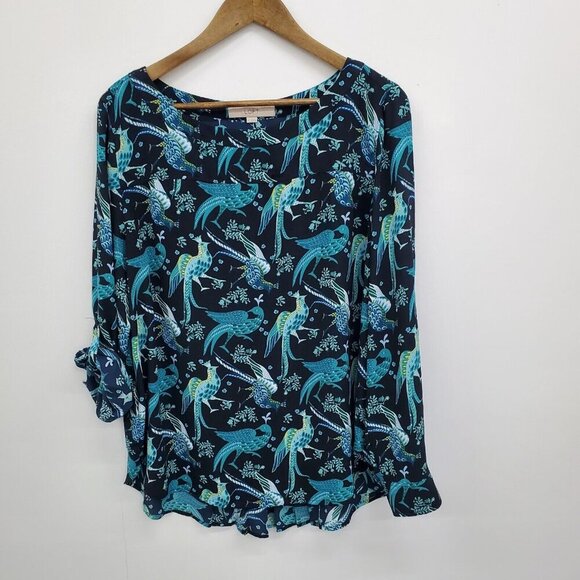 Ann Taylor LOFT Womens Peacock Tunic Top Size L Blue Roll Tab Sleeve Birds - Picture 3 of 13